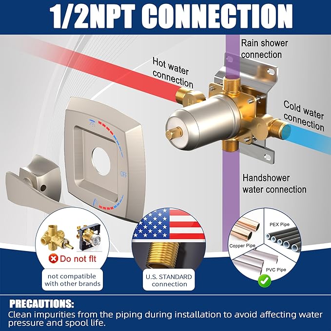 2 Way Shower Diverter Mixing Valve, Dual-Function Pressure Balance Shower Control Brass Rough-In Mixer 1/2" NPT Connection, Single Handle Brushed Nickel Shower Trim Kit