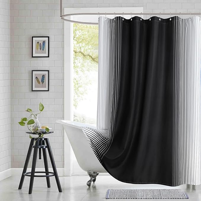 Extra Long Black Shower Curtain, Modern Black and White Gradient Vertical Stripe Waterproof Polyester Shower Curtains for Bathroom, 72x84 Inches