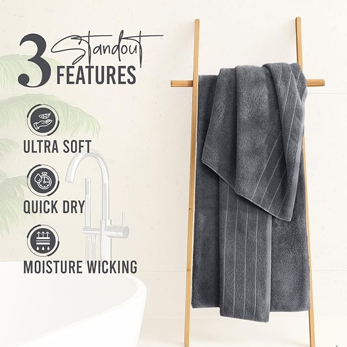 DAN River Extra Large Bath Towels Set of 4, 30 x 60 Inches - 100% Cotton Larger & Lighter Weight Towels for Bathroom - Quicker to Dry, Super Soft & Highly Absorbent Towels for Home, Charcoal