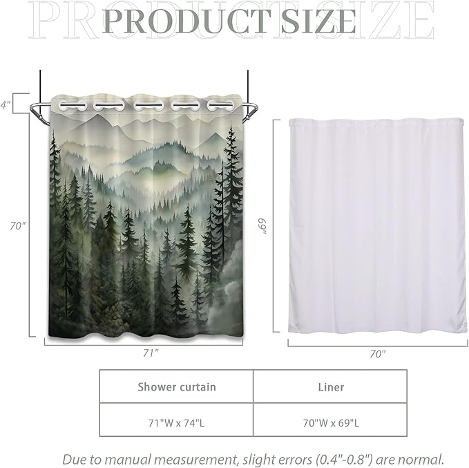 Forest Hookless Shower Curtain with Snap in Liner Set, Nature Mountain No Hook Shower Curtains for Bathroom, Double Layer Ringless, Liner with Magnets, Waterproof Cloth Fabric, 71" W x 74" L
