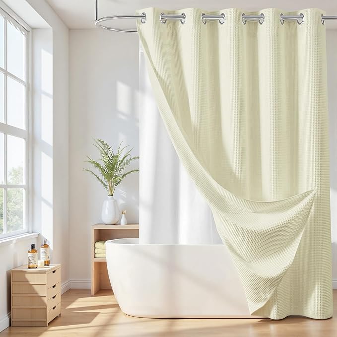 River Dream Cotton Blend Shower Curtain with Snap in Liner, Cream No Hook Shower Curtains for Bathroom, Hotel Grade, Water Repellent, 71" W x74 L