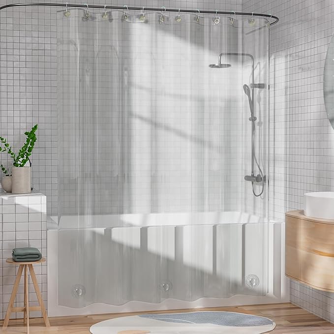 AmazerBath Shower Curtain Liner, 100% EVA Silky Soft Clear Heavy Duty Shower Curtain and Liner 2-in-1, 72x72 Luxury Plastic Weighted Bathroom Shower Liner, 12 Rustproof Grommets & 3 Heavyweight Stones