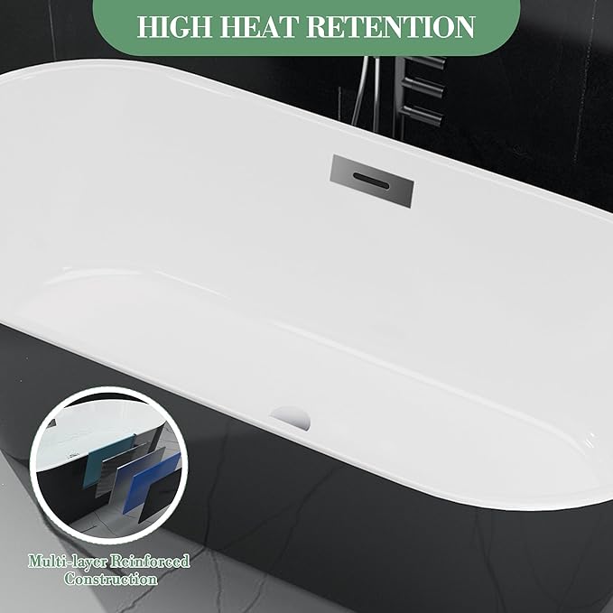 59" Acrylic Soaking Bathtub, Deep Modern Tub with Non-Slip Base, CUPC Certified, Space-Saving Bath with Chrome Drain and Overflow, Easy Install for Small Bathrooms, Black