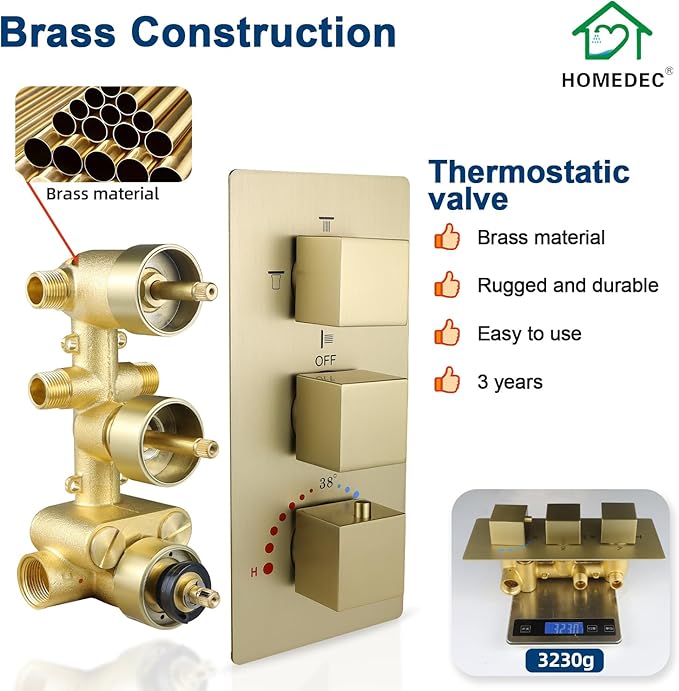 Brass 4 Ways Shower Diverter Valve Brushed Gold, HOMEDEC Thermostatic 4 Outlets 3 Handles Control Shower Mixing Mixer Valve Trim Kit Replacement, 3/4inch Rough In