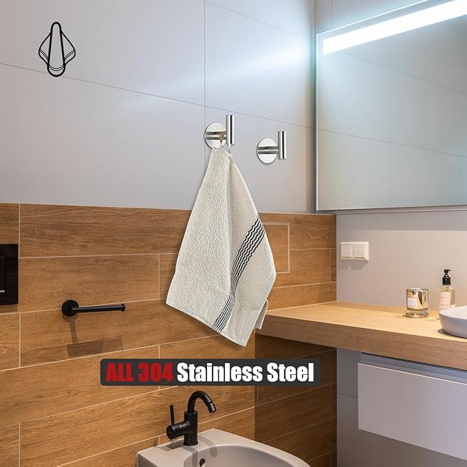 JQK Self Adhesive Towel Hook Brushed, No Drill Stick on Coat Robe Clothes Wall Hook for Bathroom Kitchen Garage 4 Pack, 304 Stainless Steel Brushed Steel, ATH110-BN-P4