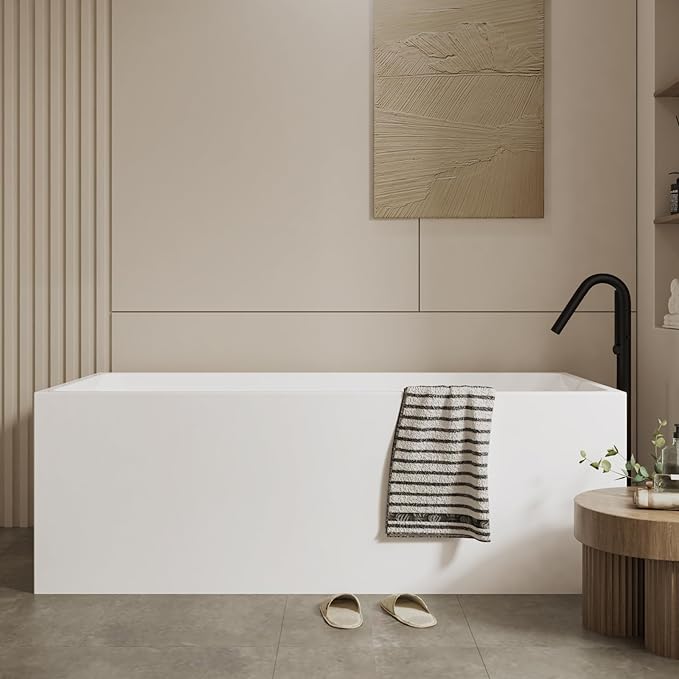 59" Freestanding Bathtub，Acrylic Deep Soak Tub, Glossy White, Easy Install with Overflow & Drain