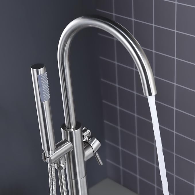 Freestanding Tub Filler Bathtub Faucet Brushed Nickel Floor Mount Single Handle Brass Faucets with Hand Shower