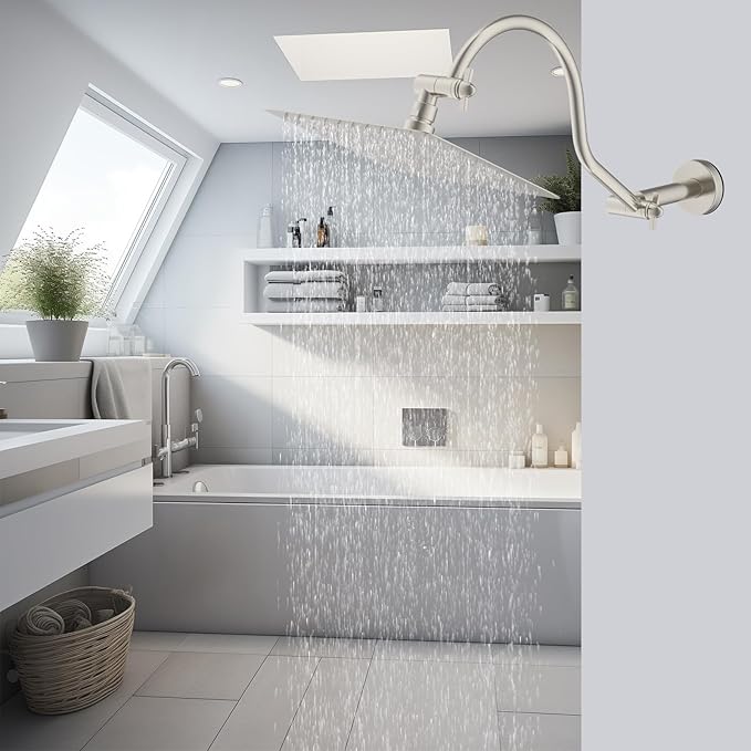 Hibbent All Metal Upgraded 18'' Shower Head Extension Arm, Shower Arm with Flange, Brass Flexible Height & Angle Adjustable Shower Extender with Lock Joint, Universal Connection, Brushed Nickel