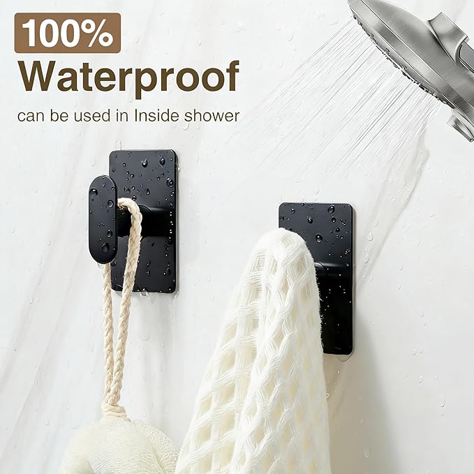 pickpiff Adhesive Towel Hooks for Bathroom: 20LB Extra Strong Wall Hanger for Shower Kitchen RV Dorm Apartment, Black 4 Pack