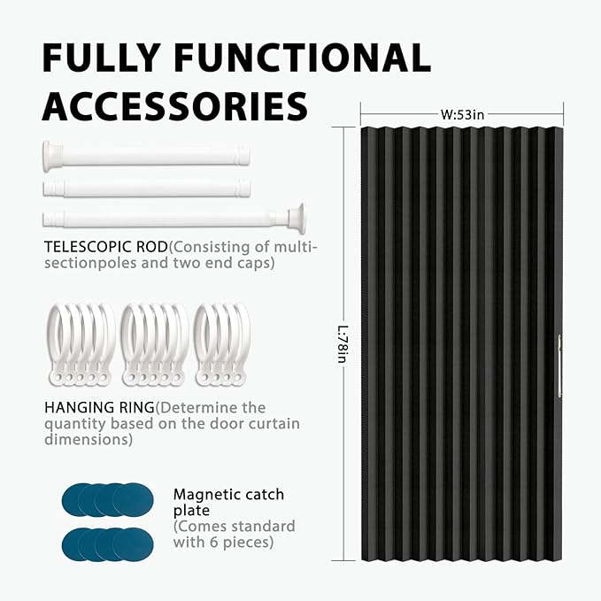 Accordion Door Curtain Set - 100% Blackout, with Curtain Rod Included, for Bedroom Privacy Protection (Black-53 W x 78" L+Rod)