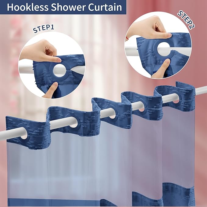 Hookless Shower Curtain with Snap in Liner 71" x 74" Double-Layer Waterproof Polyester Shower Curtain for Bathroom or Hotel Use,Removable Liner,Magnetic Hem,Large Rings,Machine Washable,Navy Blue