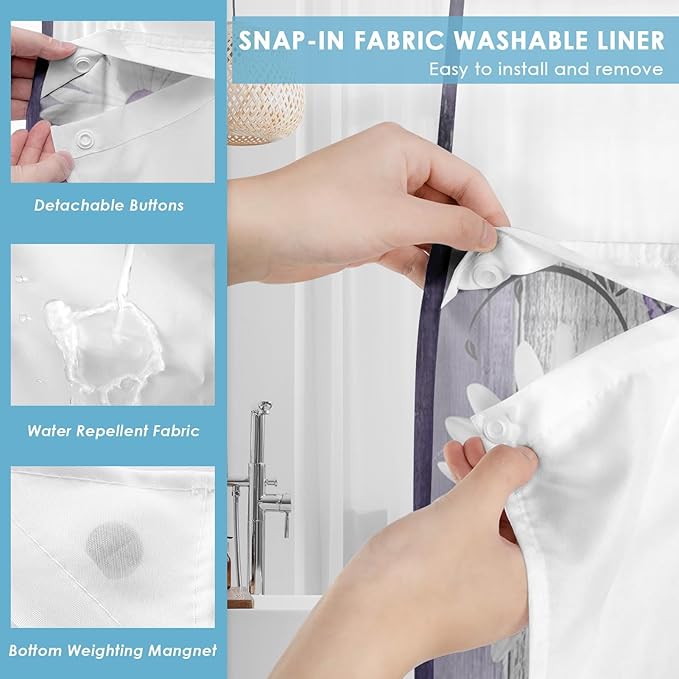No Hook Flower Daisy Shower Curtain with Snap in Fabric Liner Set, Purple Wooden Boards Double Layers Waterproof Fabric with See Through Top Window Open Grommet Bath Curtain 71x74 Inch