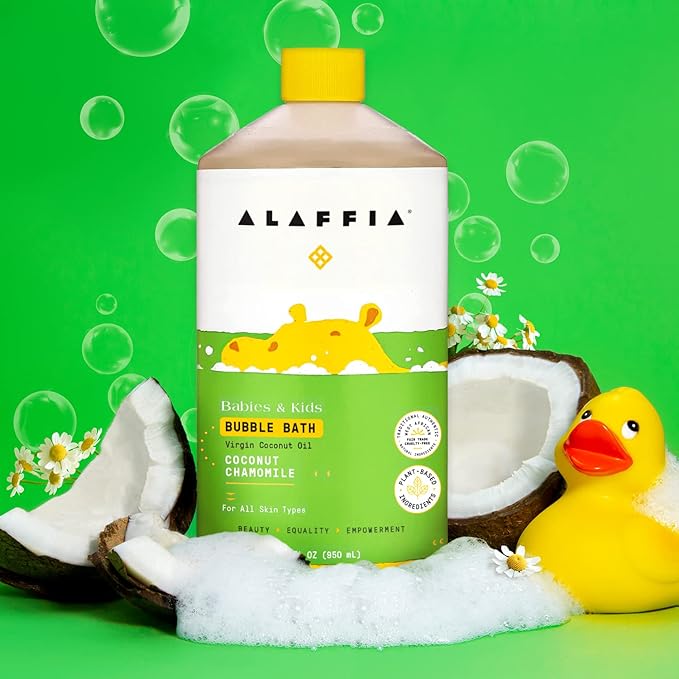 Alaffia Babies & Kids Bubble Bath, Coconut Chamomile, Pump Included – Gentle Cleanser with Raw Shea Butter and Yarrow, 32 Fl Oz