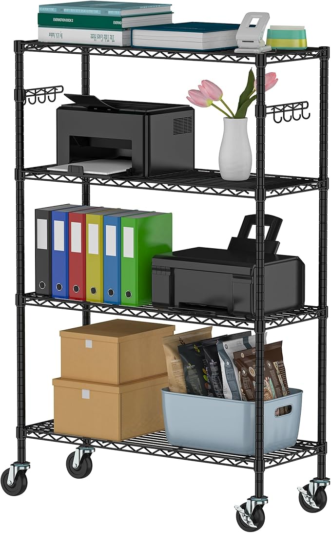 Storage Wire Shelving with Wheels 4-Tier Heavy Duty Garage Shelves Unit Metal Rolling Adjustable Organizer Rack Steel Wire Industrial Shelving for Kitchen Garage Pantry Office Bathroom