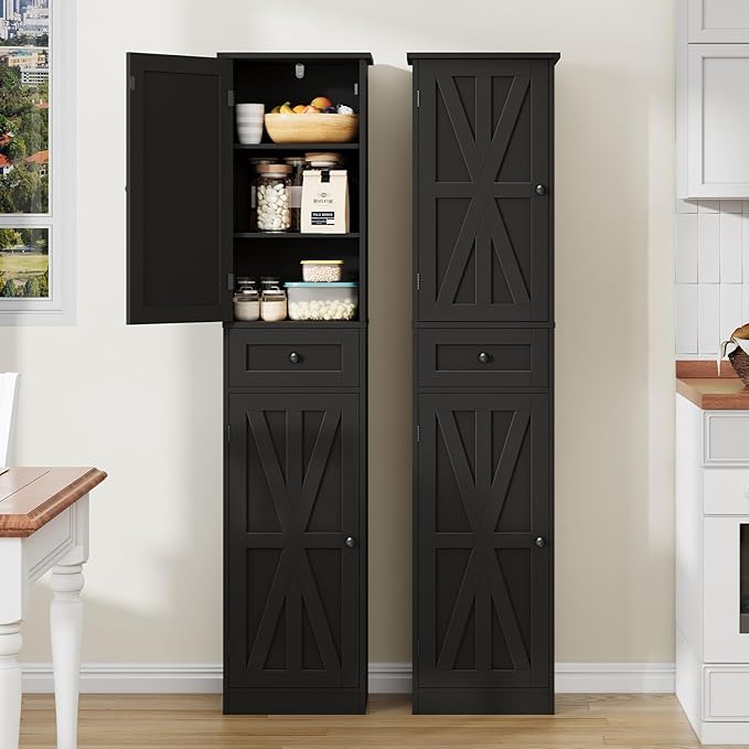 67" H Tall Bathroom Cabinet, Narrow Storage Cabinet with 2 Barn Doors and 1 Drawer, Freestanding Floor Cabinets with 6 Shelves for Bathroom, Living Room, Kitchen, Black