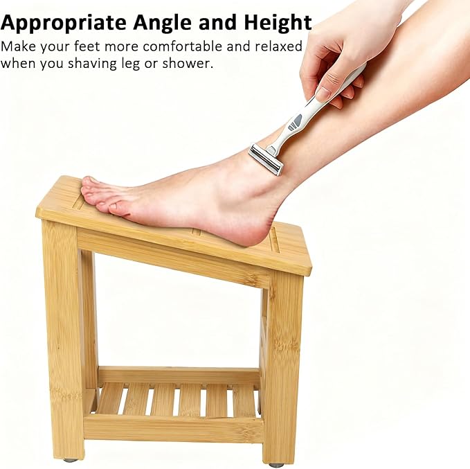 Shower Foot Rest, Small Bamboo Foot Stool with Storage Shelf, Shower Stool for Shaving Legs, No Assembly Required, Natural