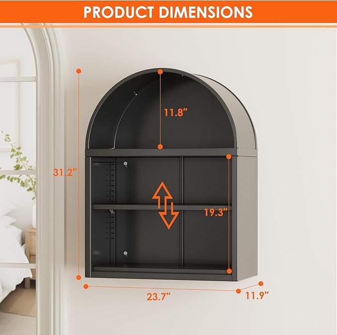Metal Arched Wall Cabinet,Black Bathroom Wall Mounted Cupboard,Modern Arched Storage Cabinet with Adjustable Shelf,Space Saver Wall Cabinet,Requires Assembly