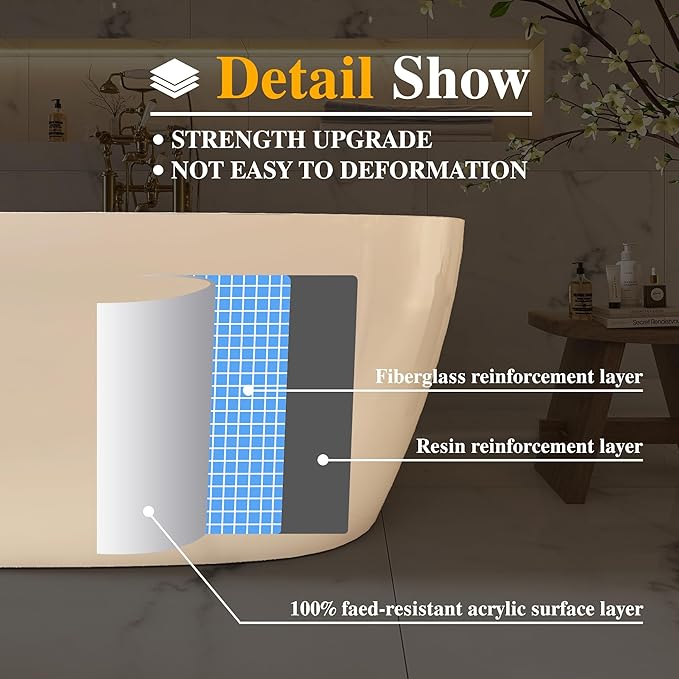 67" Acrylic Free-standing Bathtubs for Bathroom, Soaking Tub, Stand Alone Tub, UPC Certified Slotted Overflow and Pop-up Drain, Tap Deck Bathtub
