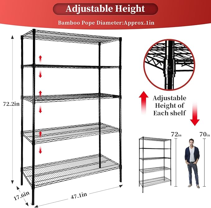 Heavy Duty 5-Tier Wire Shelving Adjustable Shelves Unit Metal Storage Rack Flat for Laundry Kitchen Pantry Garage Closet Organization (Black, 47.1" L x 17.6" W x 72.2" H)