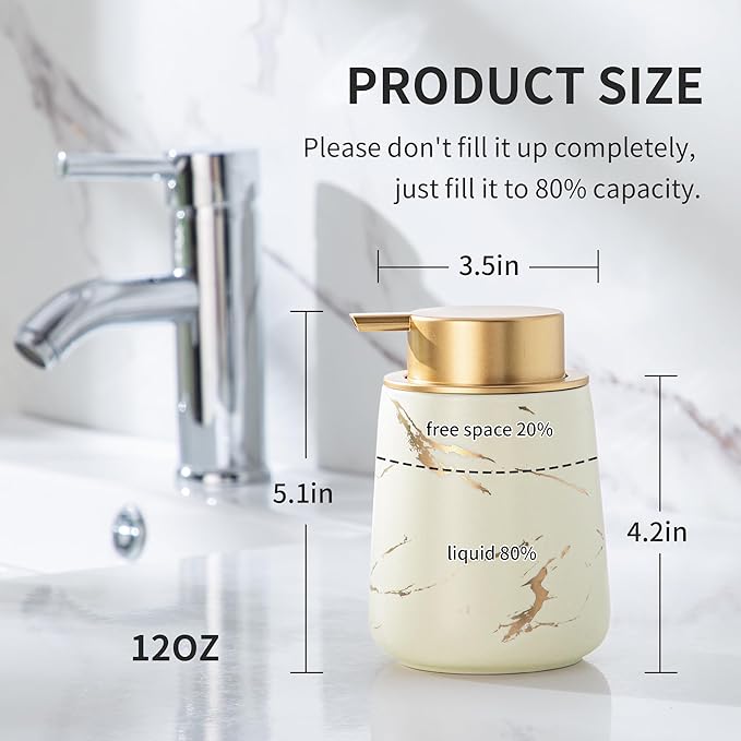 Enra Ceramic Gold Soap Dispenser, 12 oz Modern Liquid Hand Soap Dispenser for Bathroom Kitchen with Easy-to-Press(Glod Liquid Type-Beige)