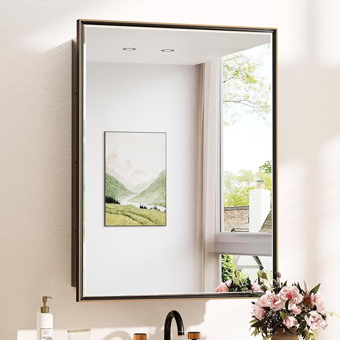 TokeShimi 20 x 26 Bathroom Medicine Cabinet with Mirror Beveled, Aluminum Framed Recessed Medicine Cabinet with Mirror Oil Rubbed Bronze Mirrored with Storage Adjustable