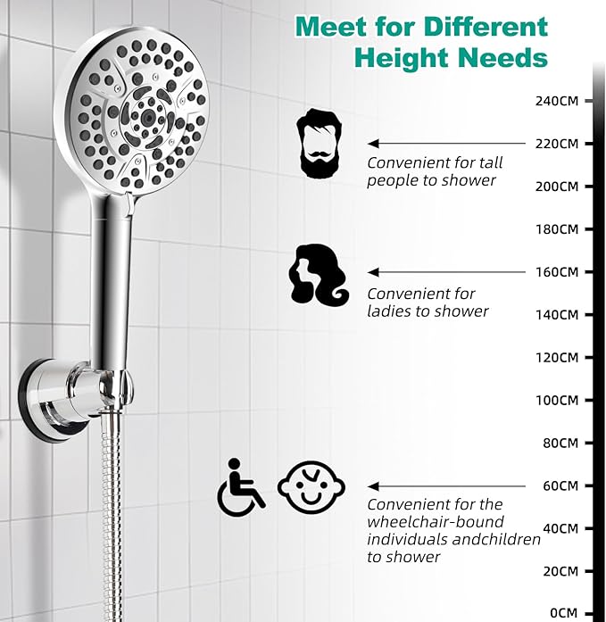 Hibbent 2 Pack Vacuum Suction Cup Shower Head Mount, Removable Shower Head Bracket, Height Adjustable Shower Wand Holder & Wall Mount ABS Plastic Suction Holder for Handheld Showerhead, Chrome