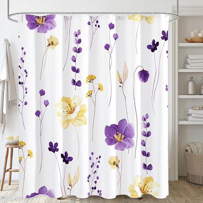 Gibelle Watercolor Floral Shower Curtain, Purple Yellow Flower Shower Curtain for Bathroom, Modern Minimalist Waterproof Fabric Shower Curtain Set 72x72 Inch