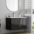 30" Wall Mounted Bathroom Vanity with Sink, High Gloss Black Floating Cabinet, Modern Gold Handles, Soft Close Doors, Integrated Ceramic Top for Powder Room