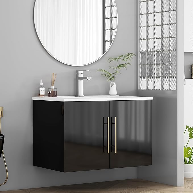30" Wall Mounted Bathroom Vanity with Sink, High Gloss Black Floating Cabinet, Modern Gold Handles, Soft Close Doors, Integrated Ceramic Top for Powder Room
