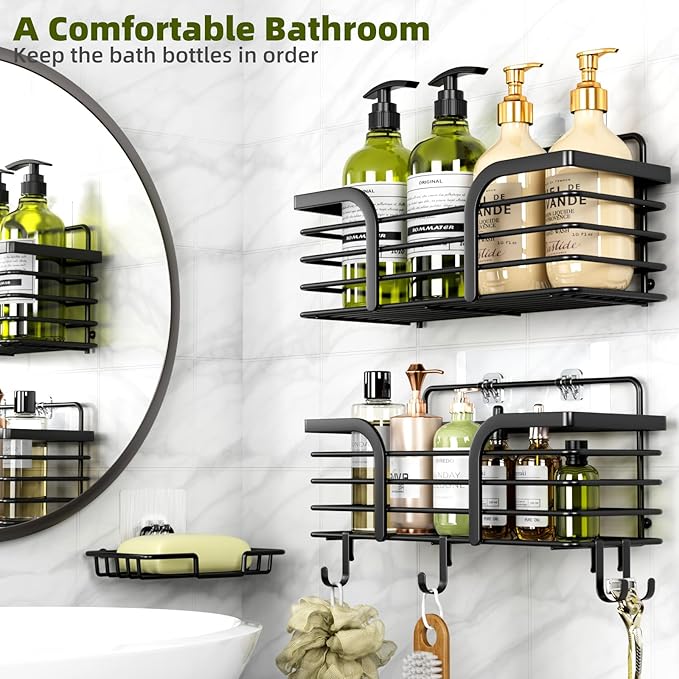 Shower Caddy, Adhesive Shower Organizer with Soap Dish and 4 Hooks, Rustproof Stainless Steel Shower Shelves, Wall Mounted No Drilling Storage Shelf Basket Accessories for Bathroom & Kitchen