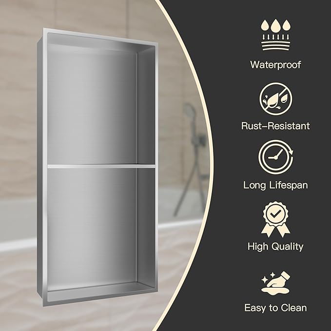24" X 12" Shower Niche Insert Tile Ready, Niche for Shower Wall, Stainless Steel 2-Tier Recessed Shelf No Tile Needed for Bathroom Storage, Brushed Nickel