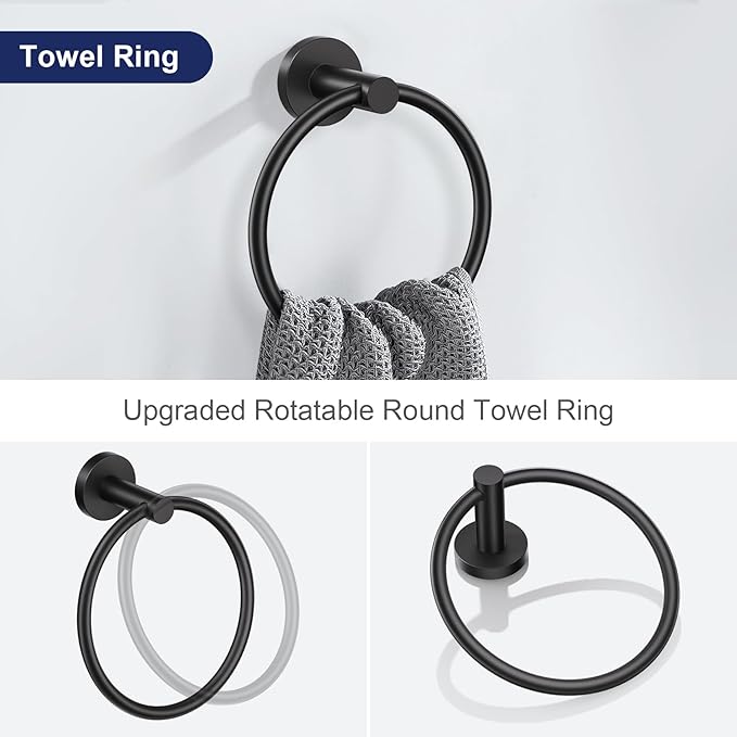 Lairuier Matte Black Bathroom Hardware Set, 10-Piece Towel Bar Set SUS304 Stainless Steel Bathroom Hardware Accessories Set Round Towel Holder Set Wall Mounted