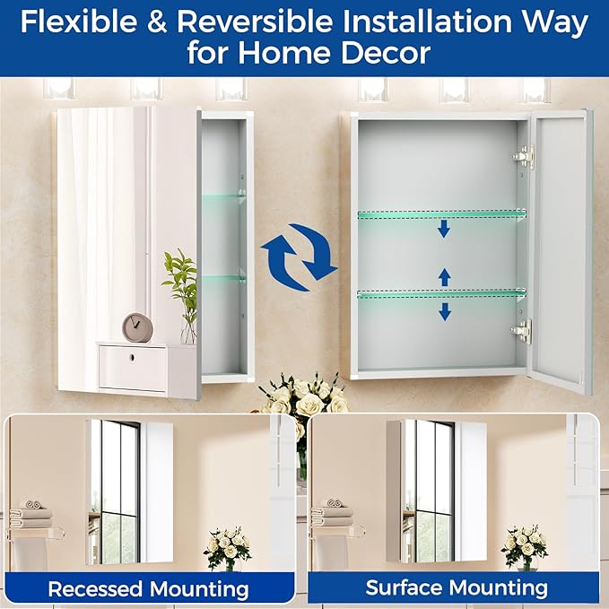 Bathroom Medicine Cabinet with Mirror, 20x26 Recessed or Wall Mirror Medicine Cabinet with Storage Adjustable Glass Shelves, Beveled Edge Mirrored Door with Aluminum Cabinet Hinges