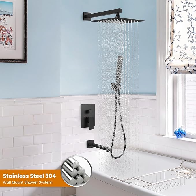 gotonovo Shower System with Tub Spout Wall Mounted Rain Shower Head and Handle Combo Shower Faucet Set with Valve, 12 Inch, Matte Black