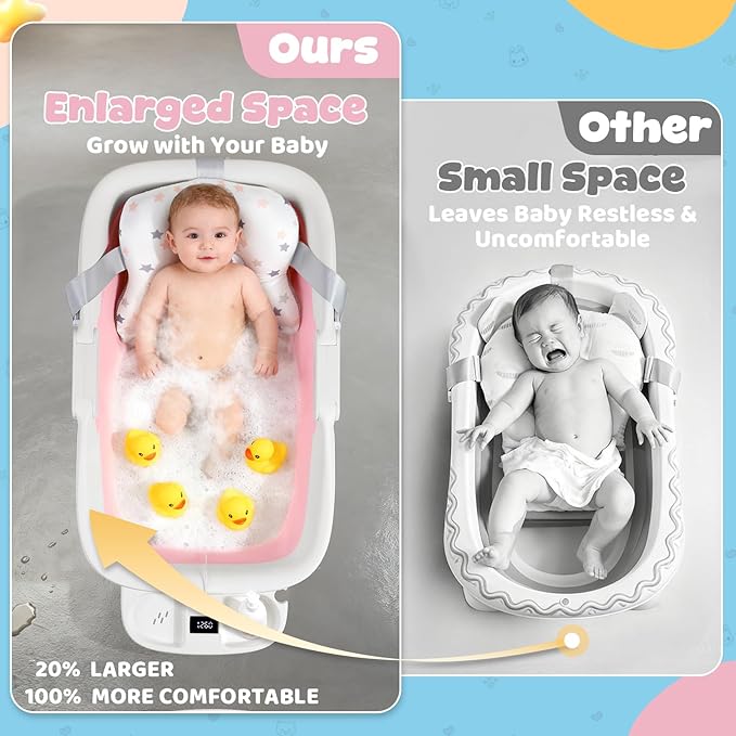 Orzbow Collapsible Baby Bathtub, Large Baby Bath Tub for Newborn with Soft Cushion & Thermometer, Travel Portable Baby Tubs for Infants to Toddler 0-36 Months, Pink
