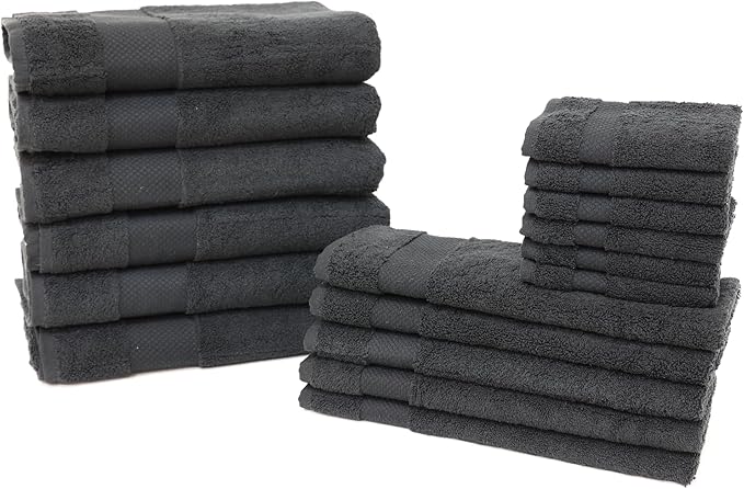 Hencely 18-Piece Bath Towel Set - High Absorbency, Quick Drying - 100% Soft Turkish Cotton - 6 Bath Towels, 6 Hand Towels, 6 Washcloths - for Bathroom, Home, Hotel, Spa, and Gym - 18-Pack Black