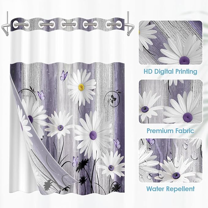 No Hook Flower Daisy Shower Curtain with Snap in Fabric Liner Set, Purple Wooden Boards Double Layers Waterproof Fabric with See Through Top Window Open Grommet Bath Curtain 54x80 Inch