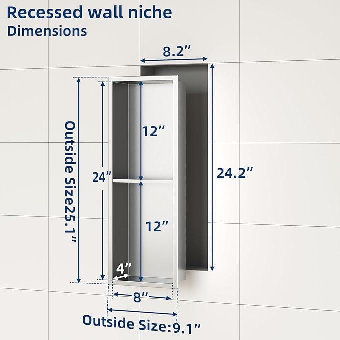 Neodrain Shower Niche Double Shelf Stainless Steel No Tile Needed Bathroom Niches Recessed in Wall, 2-Tier Recessed Wall Niche Waterproof Cubby(8X24 Inch,Brushed)