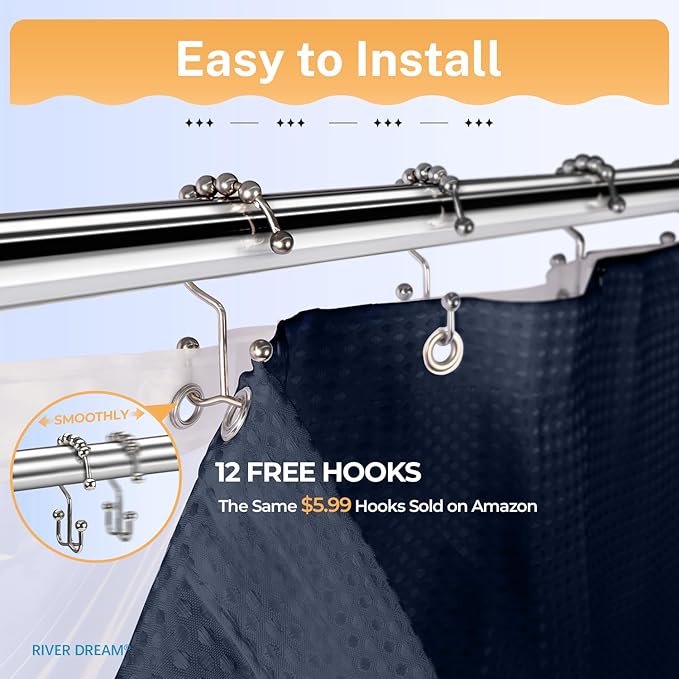 River Dream 3 in 1 Shower Curtain Set, Waffle Fabric Shower Curtain and Waterproof Clear Liner Set with Double Sided Metal Hooks, Navy Blue, 72" W*84" H
