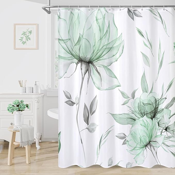 Extra Long Boho Watercolor Floral Shower Curtain 72 x 84, Green and Grey Ink Painting Style Flower Shower Curtains for Chic Elegant Bathroom, Artistic XL Fabric Cloth Shower Curtain