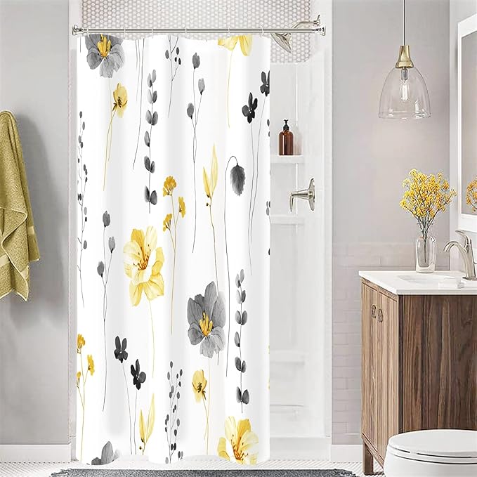 Gibelle Small Stall Shower Curtain 36 x 72, Narrow Half Watercolor Floral Fabric Shower Curtain, Yellow Grey Flower Decorative Bathroom Shower Curtain Set