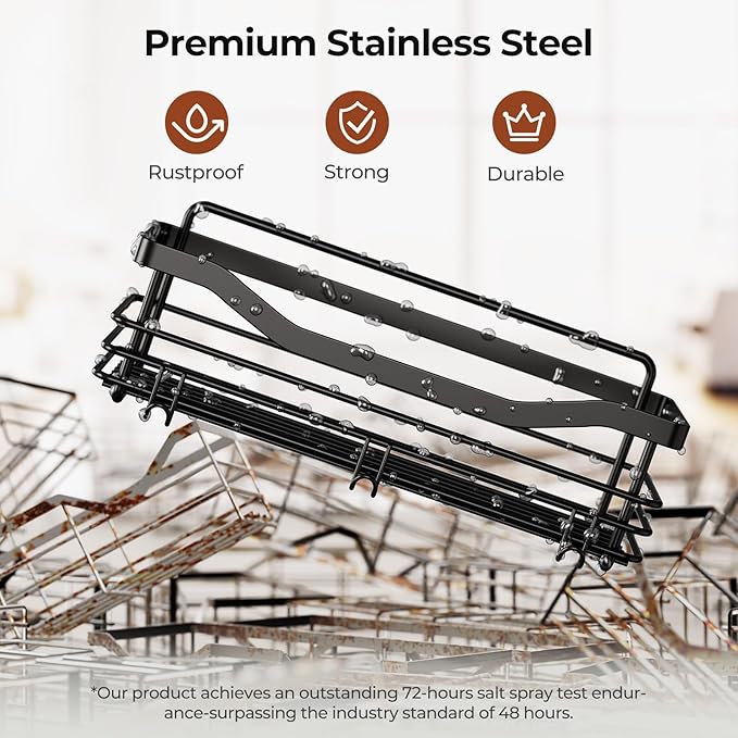 Orimade Shower Caddy Basket Shelf,3-Pack Adhesive Shower Organizer with Soap Dish Holder, No Drilling Wall Mounted Rustproof Stainless Steel Shower Shelves with 7 Hooks,for Bathroom,Matt Black