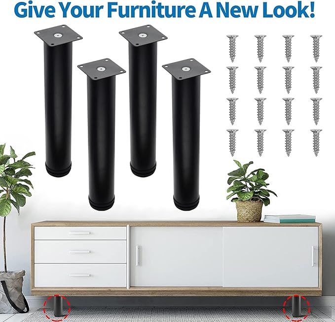 12 Inch Metal Furniture Legs Stainless Steel Adjustable Legs Black Metal Legs Round Cabinet Legs for Coffee Table Cabinet Desk Sofa Shelves, Pack of 4