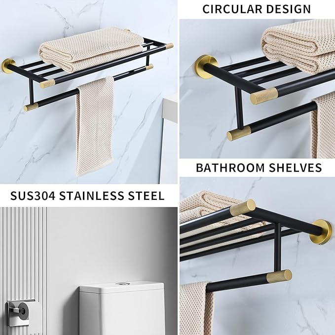 Black Brushed Gold Towel Rack 24'' Bath Towel Shelf with Towel Bars SUS304 Matte Black Stainless Steel Wall Mounted，Modern Bathroom Storage Shelf