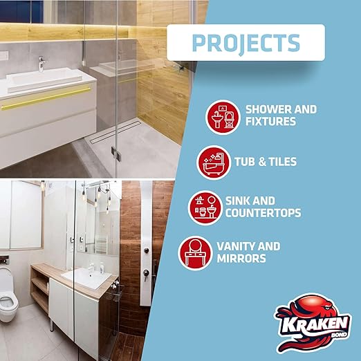 Kraken Bond Premium Kitchen and Bathroom Silicone Caulk Clear - (12x10.1 fl.oz) RTV Clear Silicone Sealant Waterproof for Kitchen, Bathroom, Shower, Sink, Anti Shrink 100% Silicone Caulking | 12 Pack