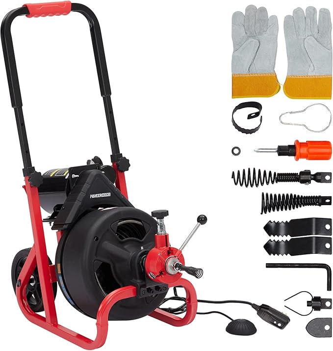 Heavy Duty Electric Drain Cleaner Machine, 100 Ft x 3/8 Inch Sewer Snake, 370w Auto-Feed, 6 Interchangeable Cutters, Gloves, Portable Pipe Cleaning Tool for 2-4 Inch Pipes