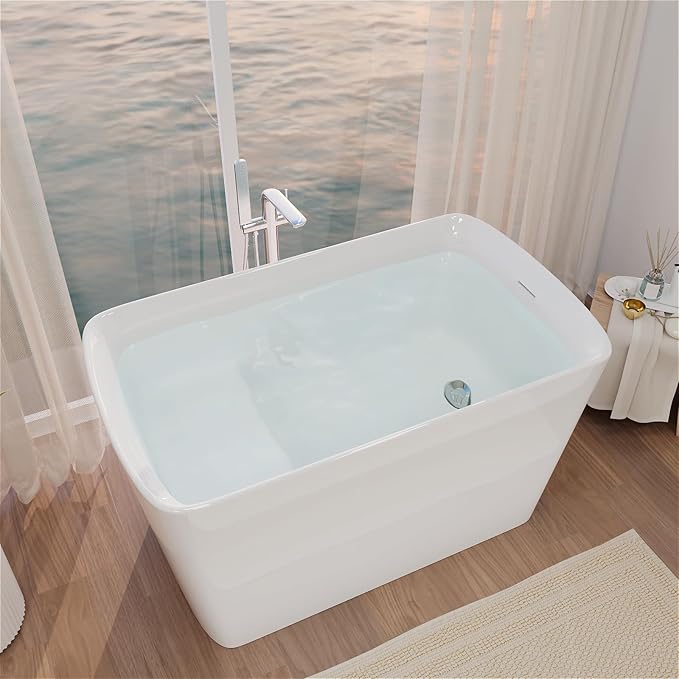 47" Lucite Acrylic Freestanding Bathtub，Square Shape Janpanese Soaking Tub with Seat Desgin,Toe-tap Chrome Right Drain, Slotted Overflow, cUPC Certified,Glossy White