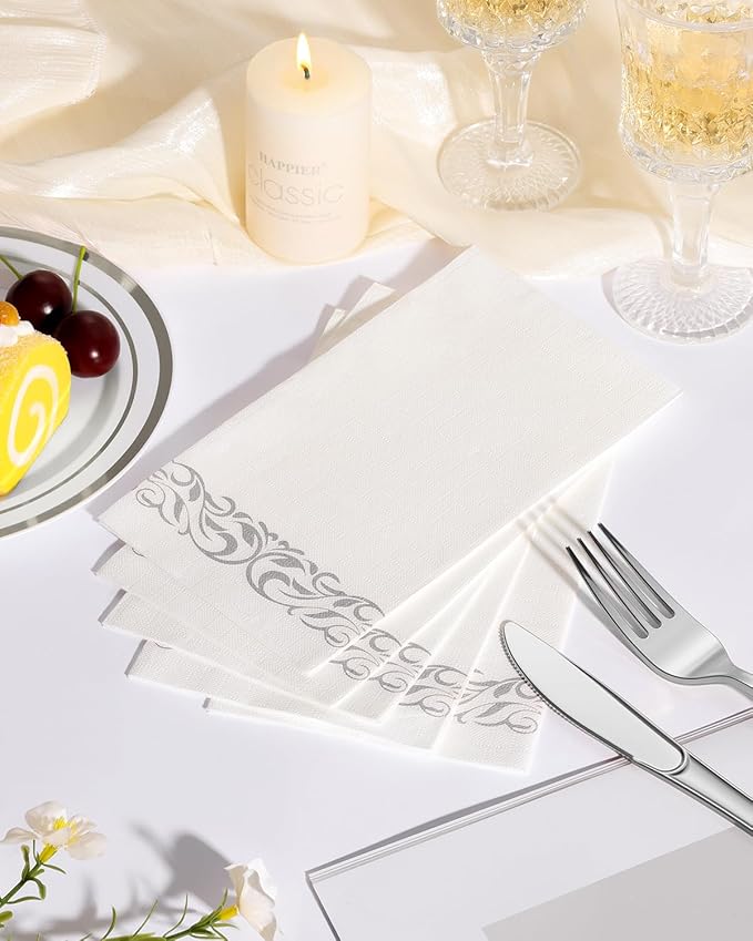 Goodluck 200 Pack 3-Ply Disposable Napkins - Soft & Absorbent Paper Hand Towels for Bathroom Guests, Dinner Party, Kitchen,Christmas， Wedding & Events, Parties - Floral Siliver Trim