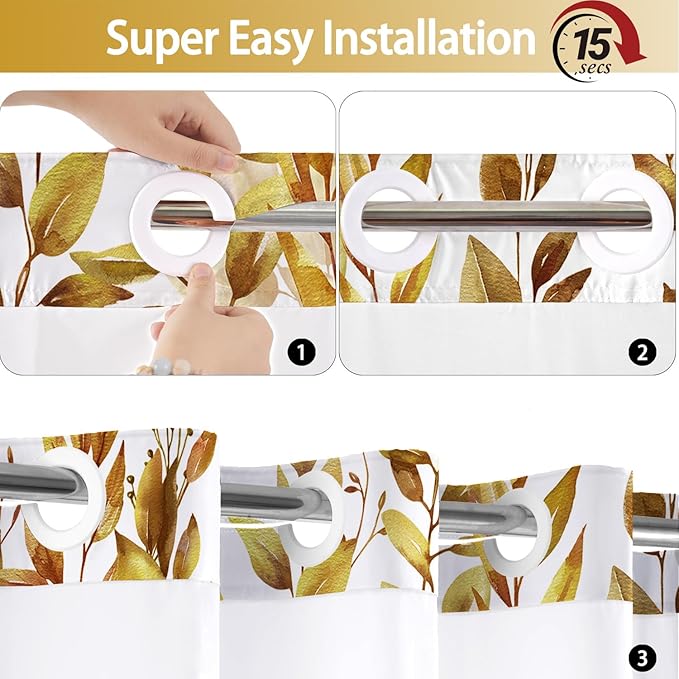No Hook Shower Curtain and Liner Set, Yellow Eucalyptus Floral Shower Curtains for Bathroom, Bath Curtain Sets with Snap in Liner, Waterproof with See Through Top Window, 71x84 Inches
