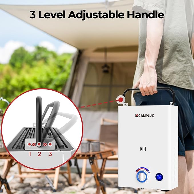 CAMPLUX First F10 Tankless Water Heater with 3-Level Adjustable & Foldable Handle, 2.64GPM, Screw-Free Design, 68,000 BTU Outdoor Portable Propane Water Heater for Camping, LED Digital Display, White